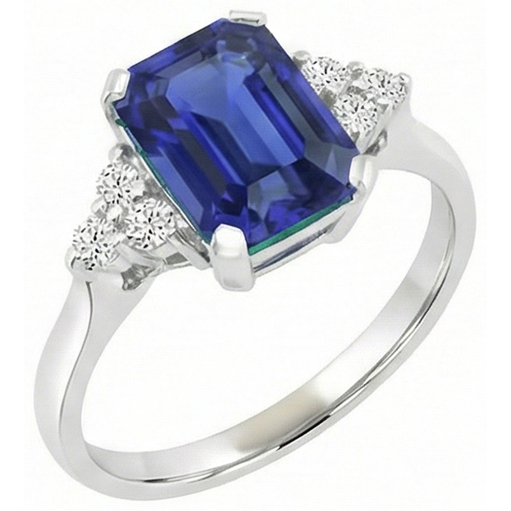 Anello da donna con pietre preziose. smeraldo. zaffiro di Ceylon e diamanti rotondi 3 carati