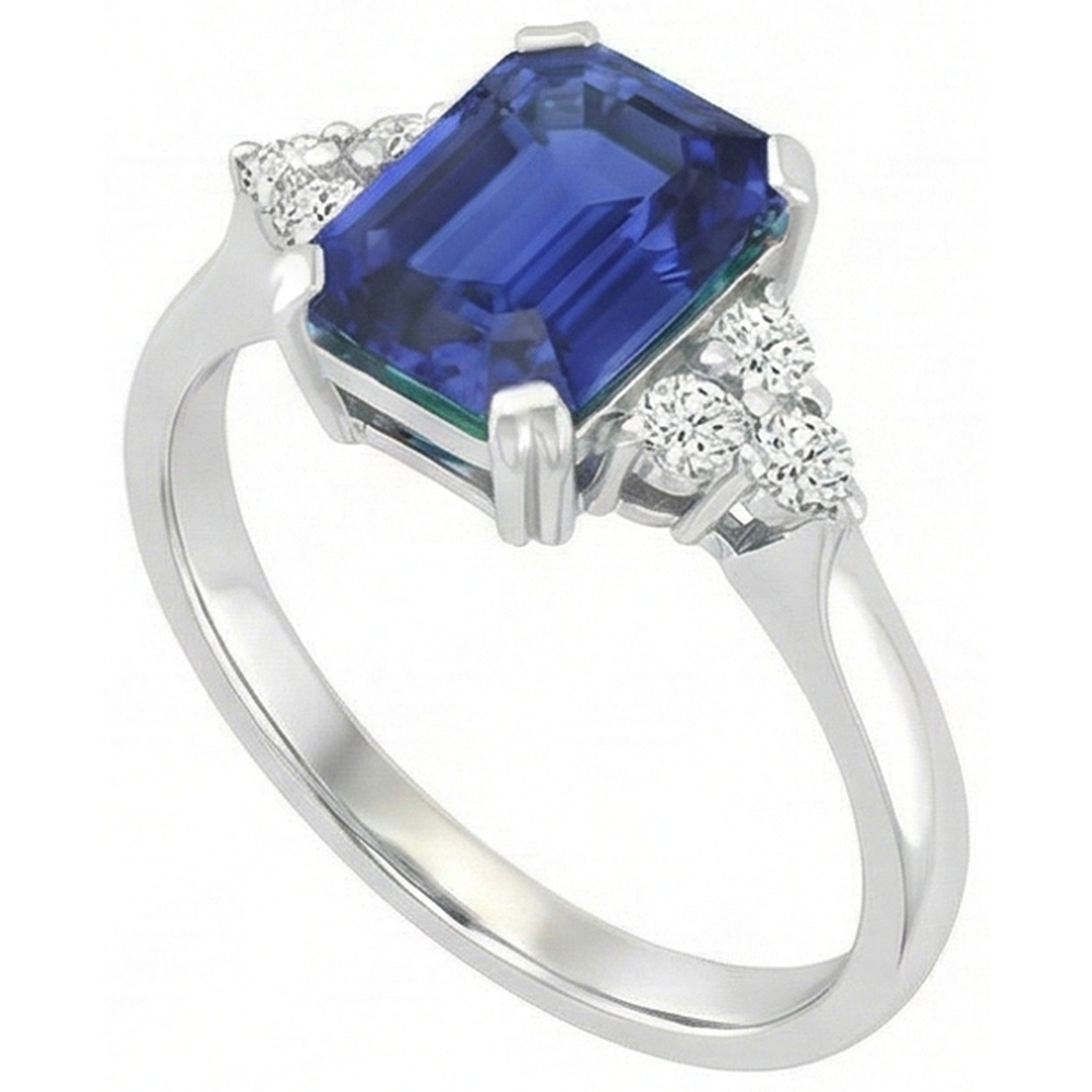Anello da donna con pietre preziose. smeraldo. zaffiro di Ceylon e diamanti rotondi 3 carati