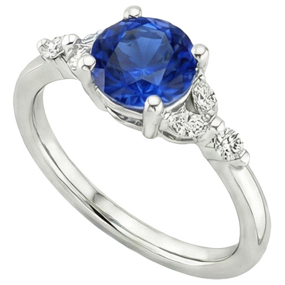 Anello da donna con pietre preziose. zaffiro blu marquise e diamanti rotondi 3 carati