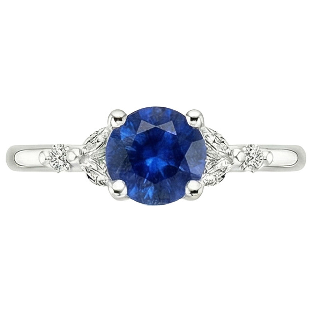 Anello da donna con pietre preziose. zaffiro blu marquise e diamanti rotondi 3 carati