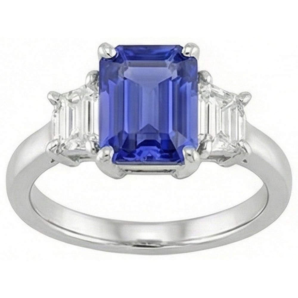 Anello da donna con tre smeraldi e zaffiri di Ceylon. oro bianco da 2.50 carati