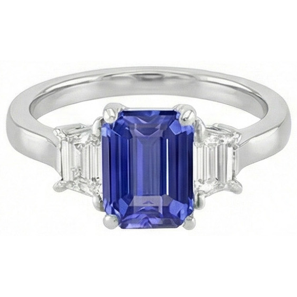 Anello da donna con tre smeraldi e zaffiri di Ceylon. oro bianco da 2.50 carati