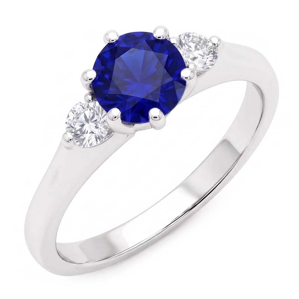 Anello da donna con zaffiro Ceylon 2,50 carati 3 pietre tonde in oro bianco 14 carati