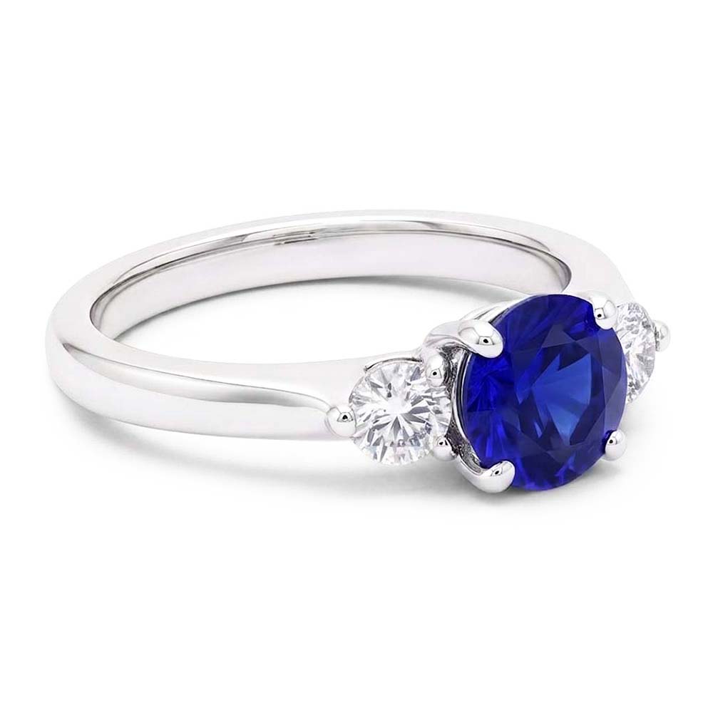 Anello da donna con zaffiro Ceylon 2,50 carati 3 pietre tonde in oro bianco 14 carati
