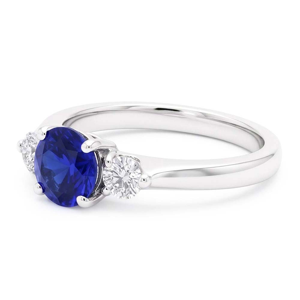 Anello da donna con zaffiro Ceylon 2,50 carati 3 pietre tonde in oro bianco 14 carati