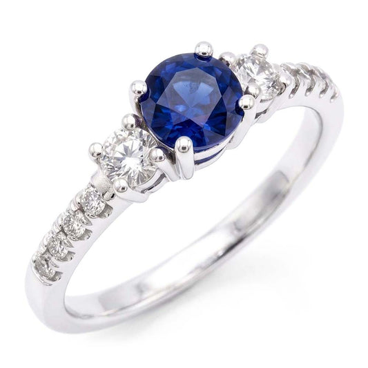 Anello da donna con zaffiro blu 3 pietre da 1,50 carati con anello in oro bianco 14K con diamanti