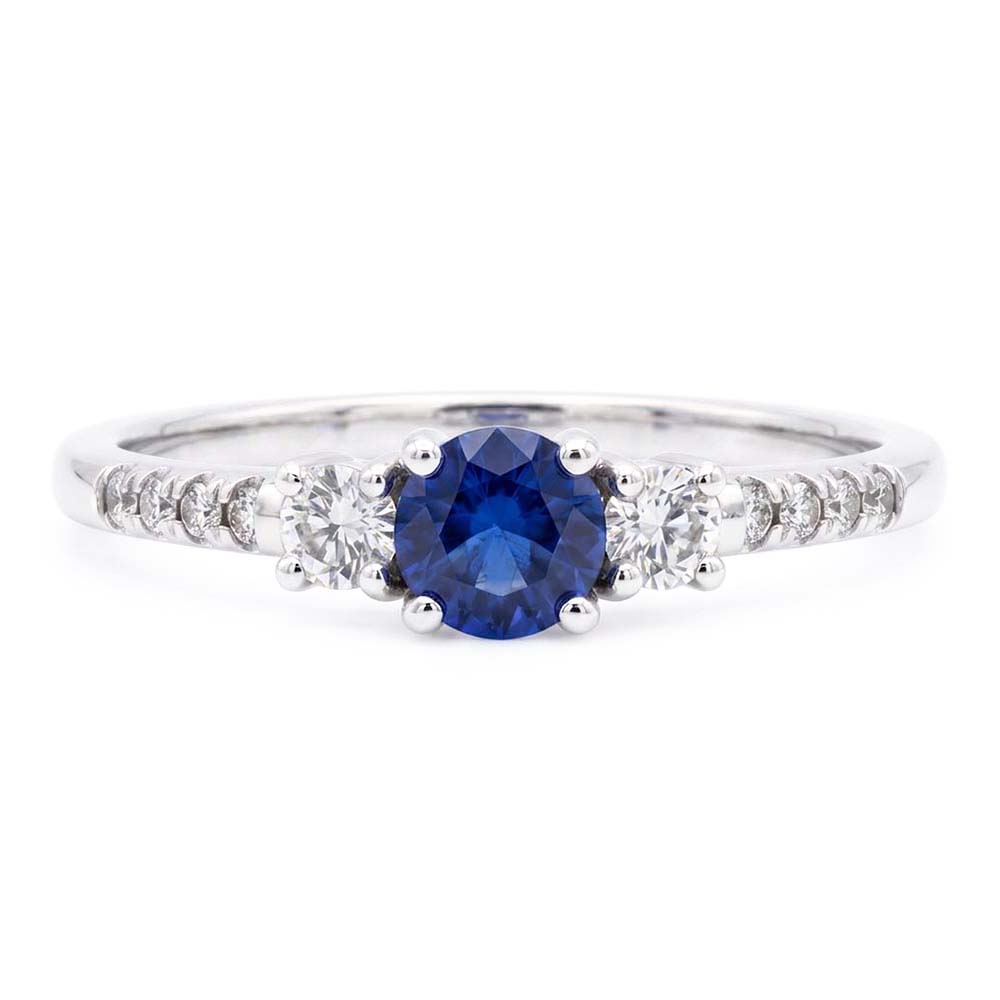 Anello da donna con zaffiro blu 3 pietre da 1,50 carati con anello in oro bianco 14K con diamanti