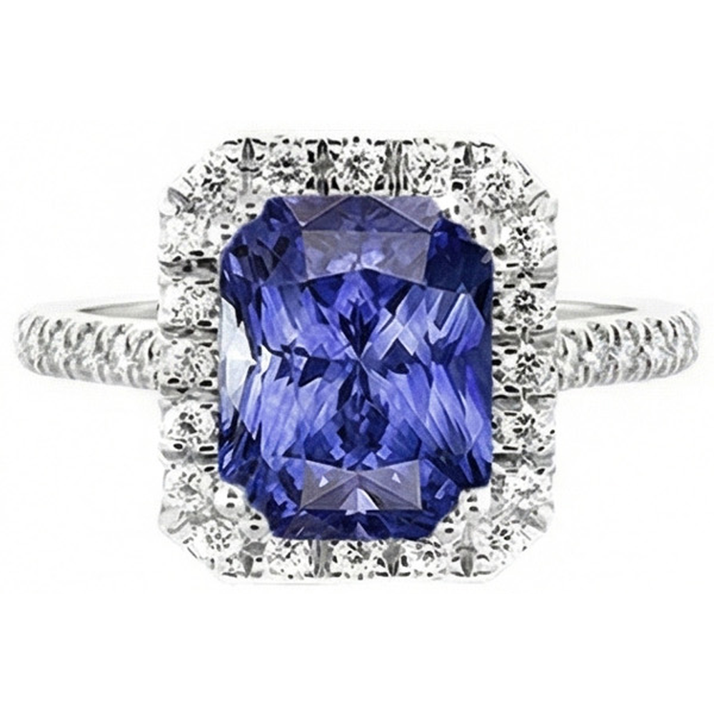 Anello da donna con zaffiro blu intenso Halo Radiante e diamanti 3.50 carati