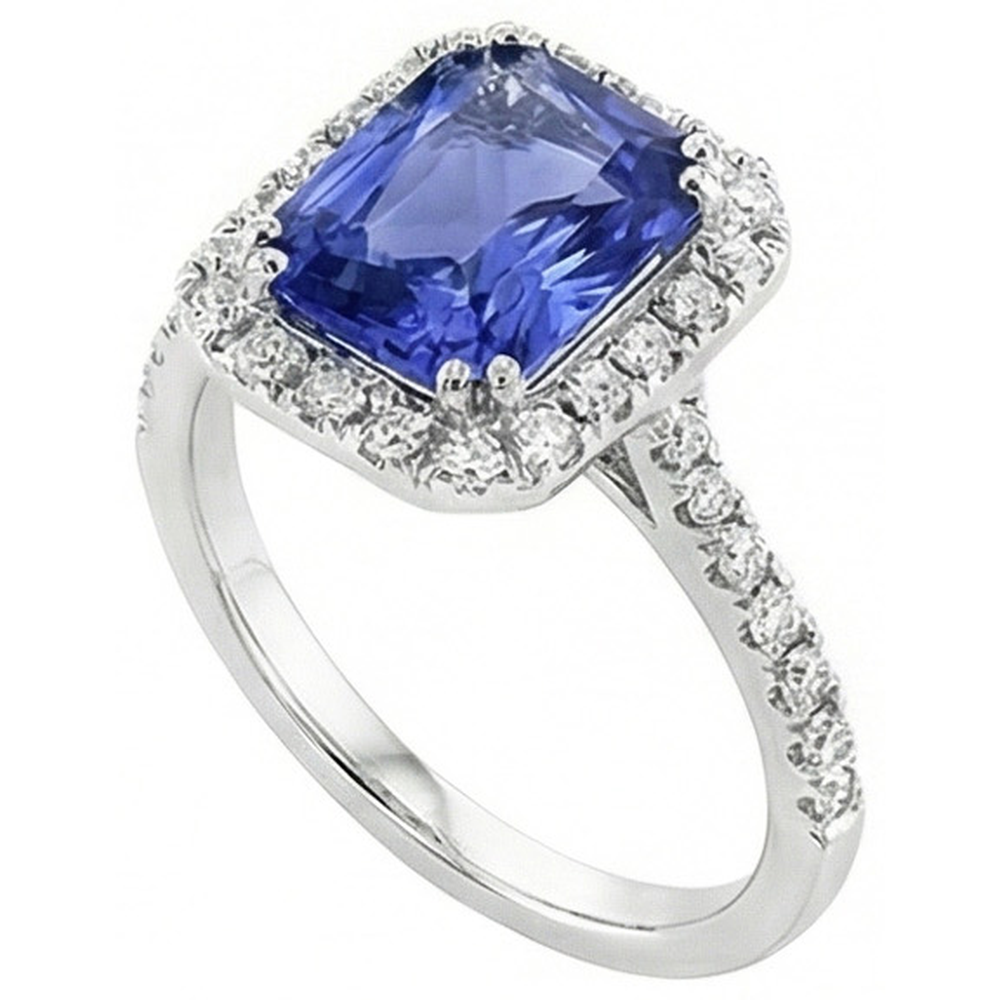 Anello da donna con zaffiro blu intenso Halo Radiante e diamanti 3.50 carati