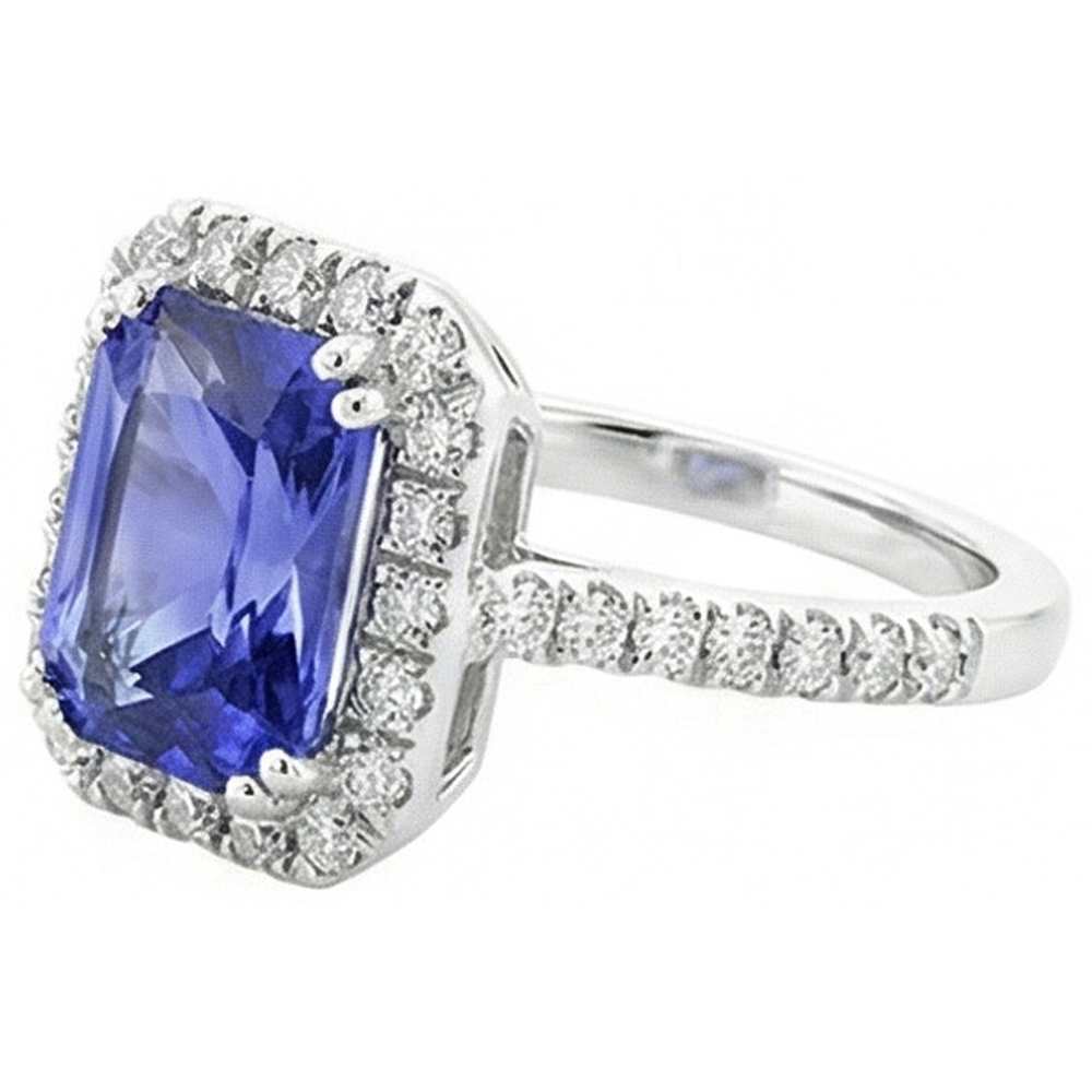 Anello da donna con zaffiro blu intenso Halo Radiante e diamanti 3.50 carati