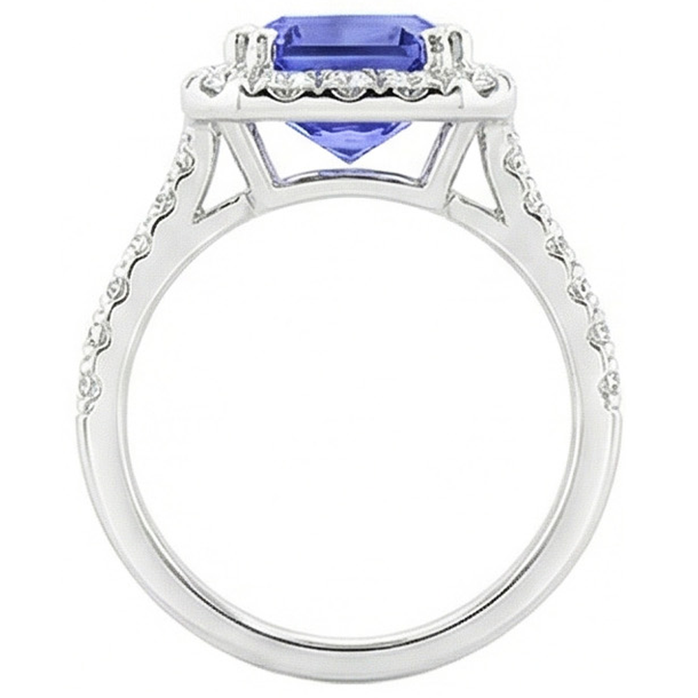 Anello da donna con zaffiro blu intenso Halo Radiante e diamanti 3.50 carati
