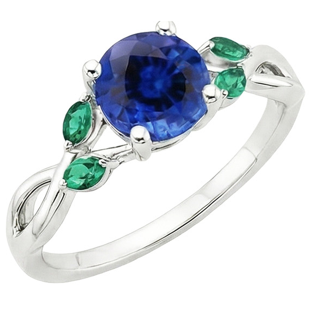 Anello da donna con zaffiro blu naturale e smeraldi 3 carati