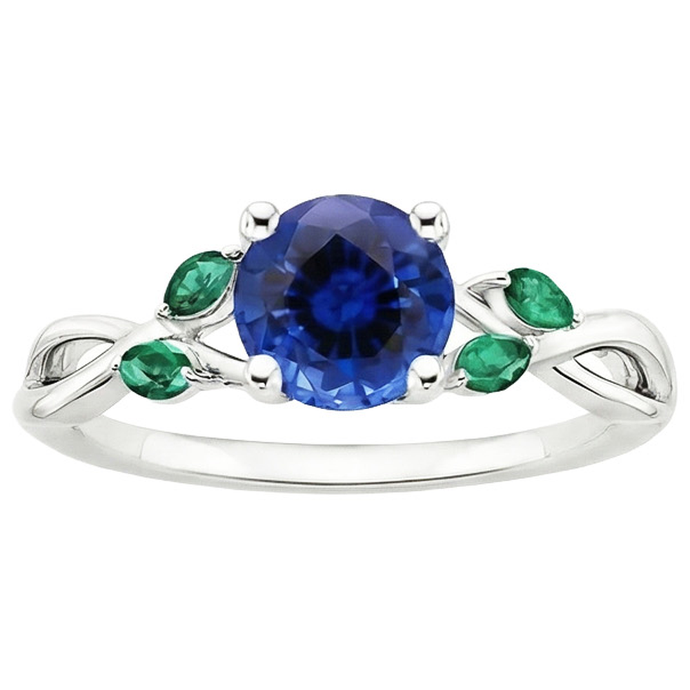 Anello da donna con zaffiro blu naturale e smeraldi 3 carati