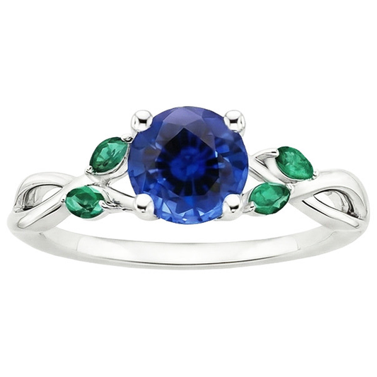 Anello da donna con zaffiro blu naturale e smeraldi 3 carati