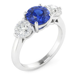 Anello da donna con zaffiro blu naturale rotondo con tre pietre e diamanti da 2 carati