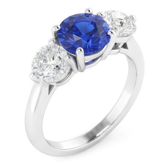 Anello da donna con zaffiro blu naturale rotondo con tre pietre e diamanti da 2 carati