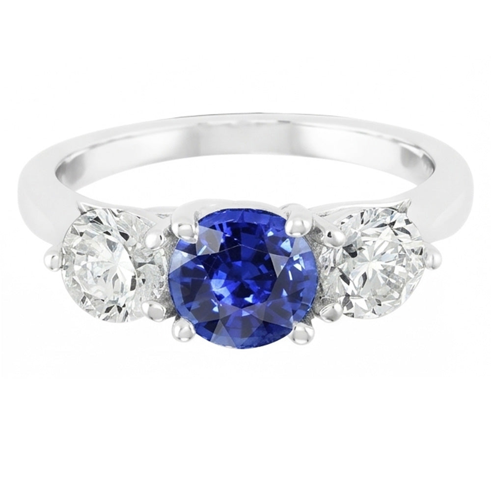 Anello da donna con zaffiro blu naturale rotondo con tre pietre e diamanti da 2 carati
