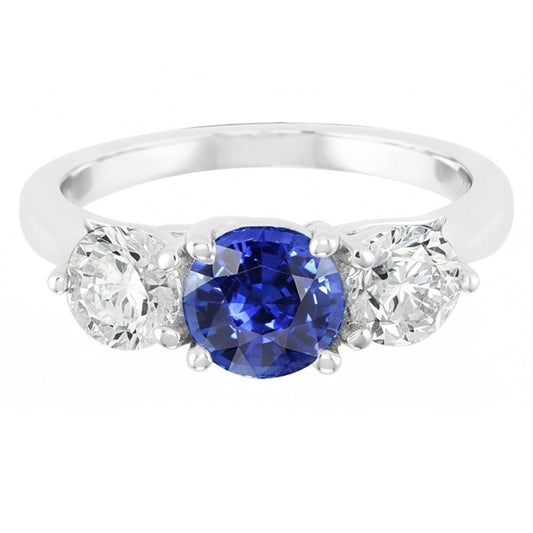 Anello da donna con zaffiro blu naturale rotondo con tre pietre e diamanti da 2 carati