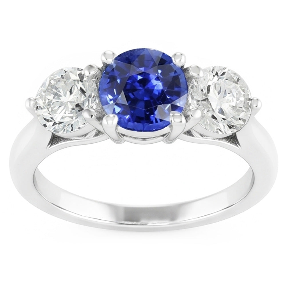 Anello da donna con zaffiro blu naturale rotondo con tre pietre e diamanti da 2 carati