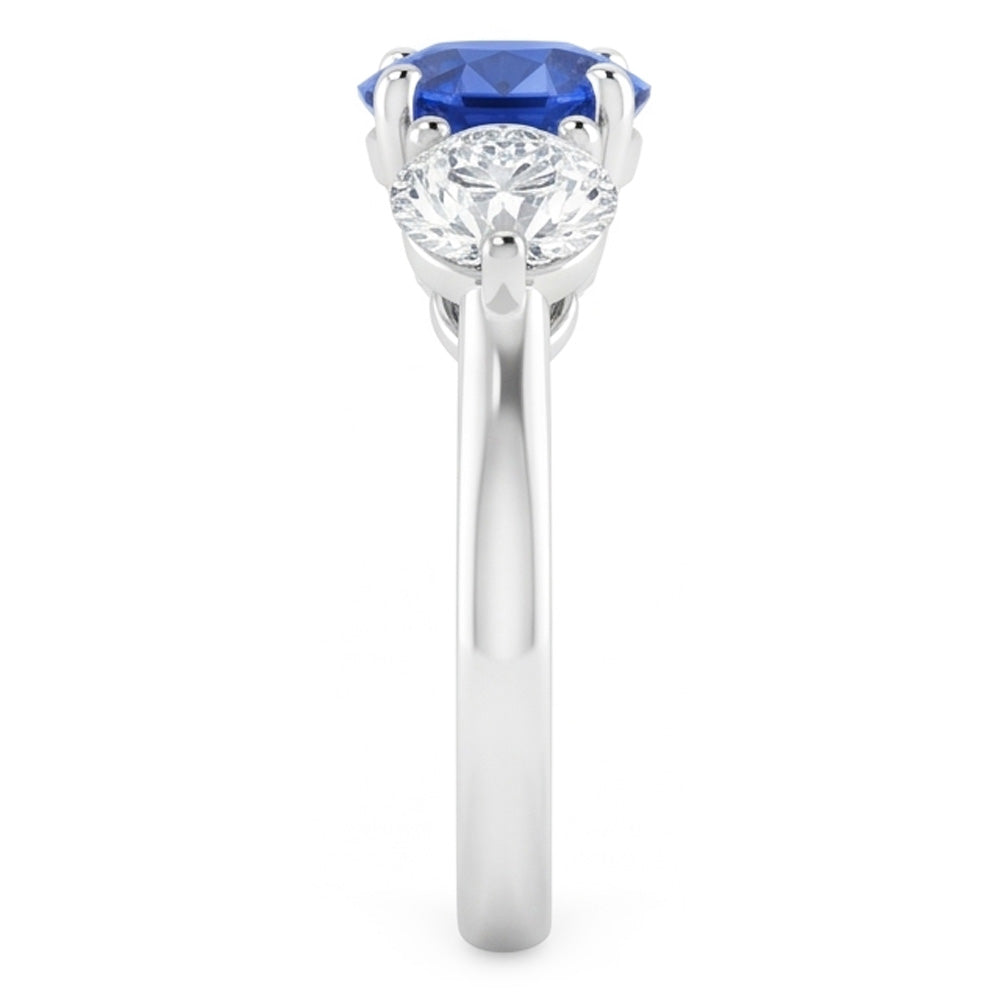 Anello da donna con zaffiro blu naturale rotondo con tre pietre e diamanti da 2 carati
