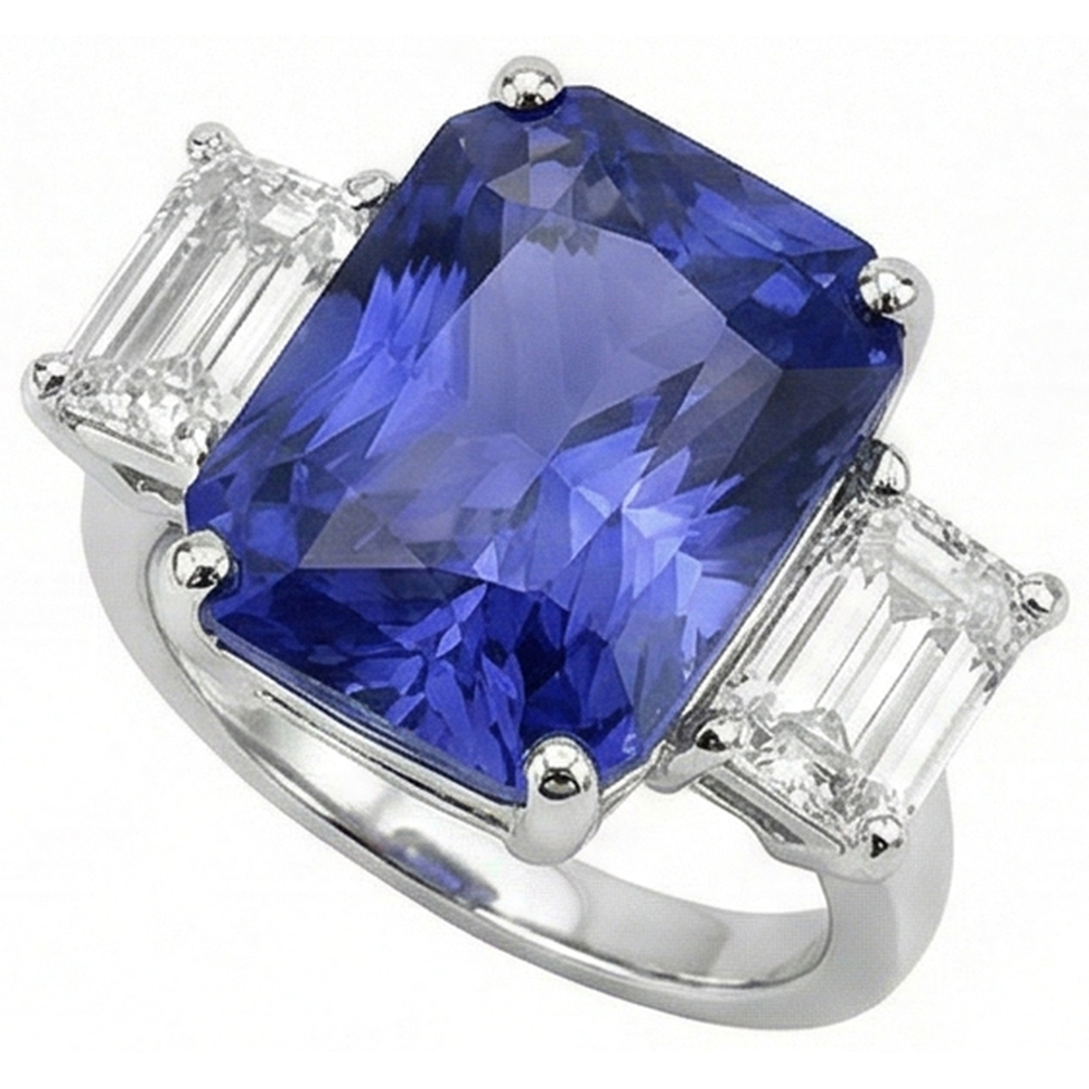Anello da donna con zaffiro blu radiante 3 pietre 7 carati smeraldo diamanti