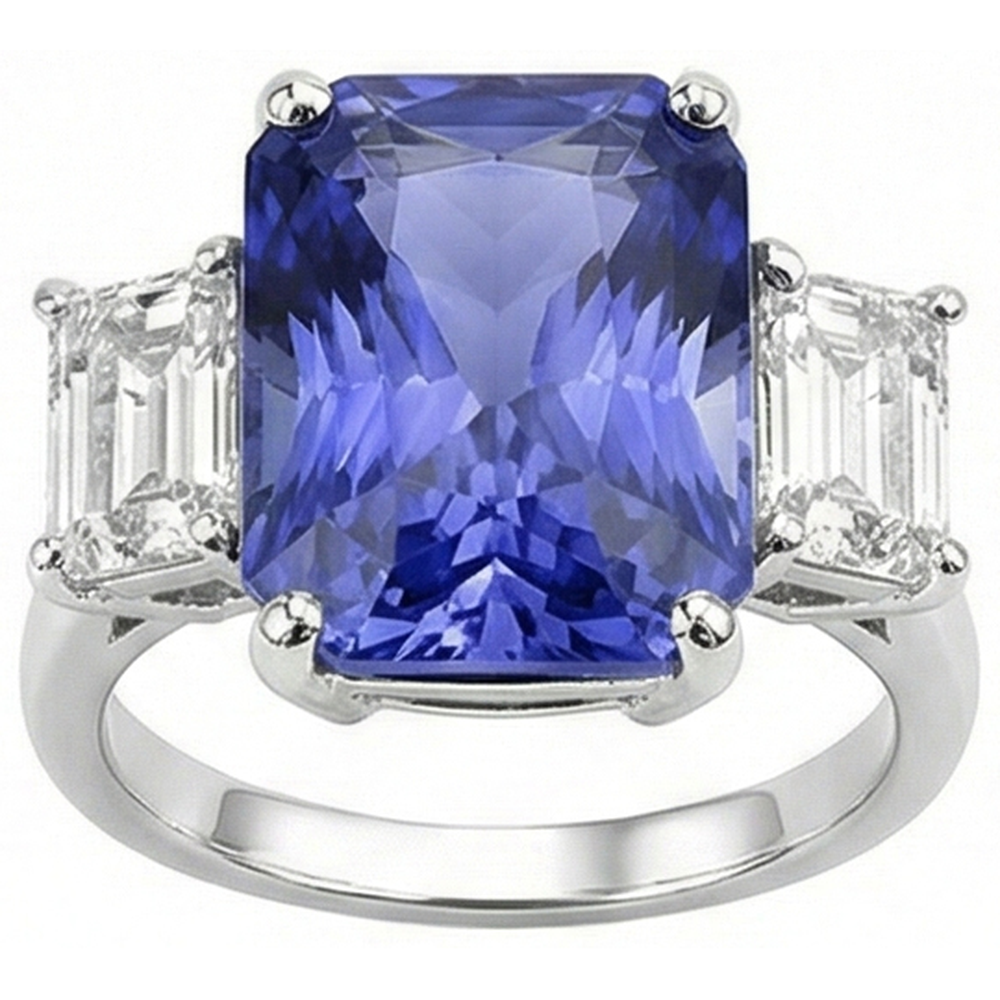 Anello da donna con zaffiro blu radiante 3 pietre 7 carati smeraldo diamanti
