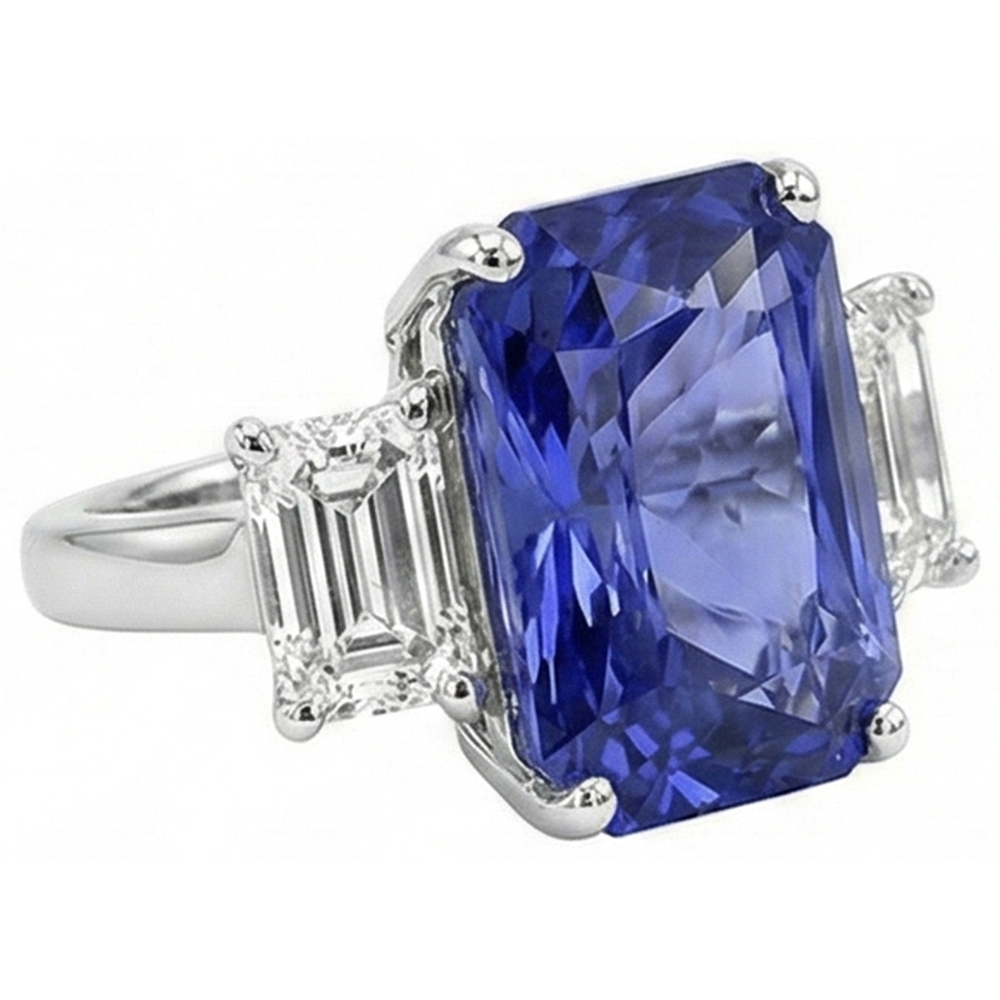 Anello da donna con zaffiro blu radiante 3 pietre 7 carati smeraldo diamanti