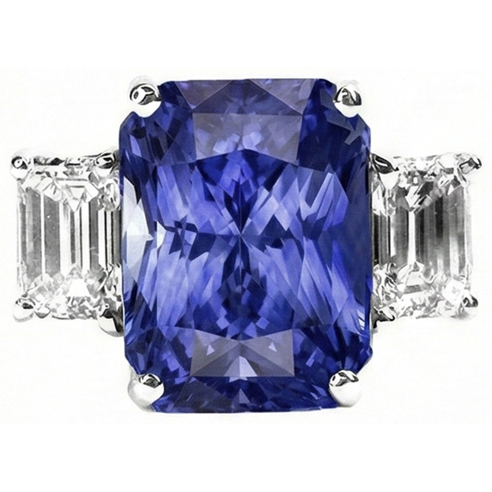 Anello da donna con zaffiro blu radiante 3 pietre 7 carati smeraldo diamanti