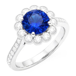 Anello da donna con zaffiro blu stile fiore Halo 3 carati impostazione cattedrale
