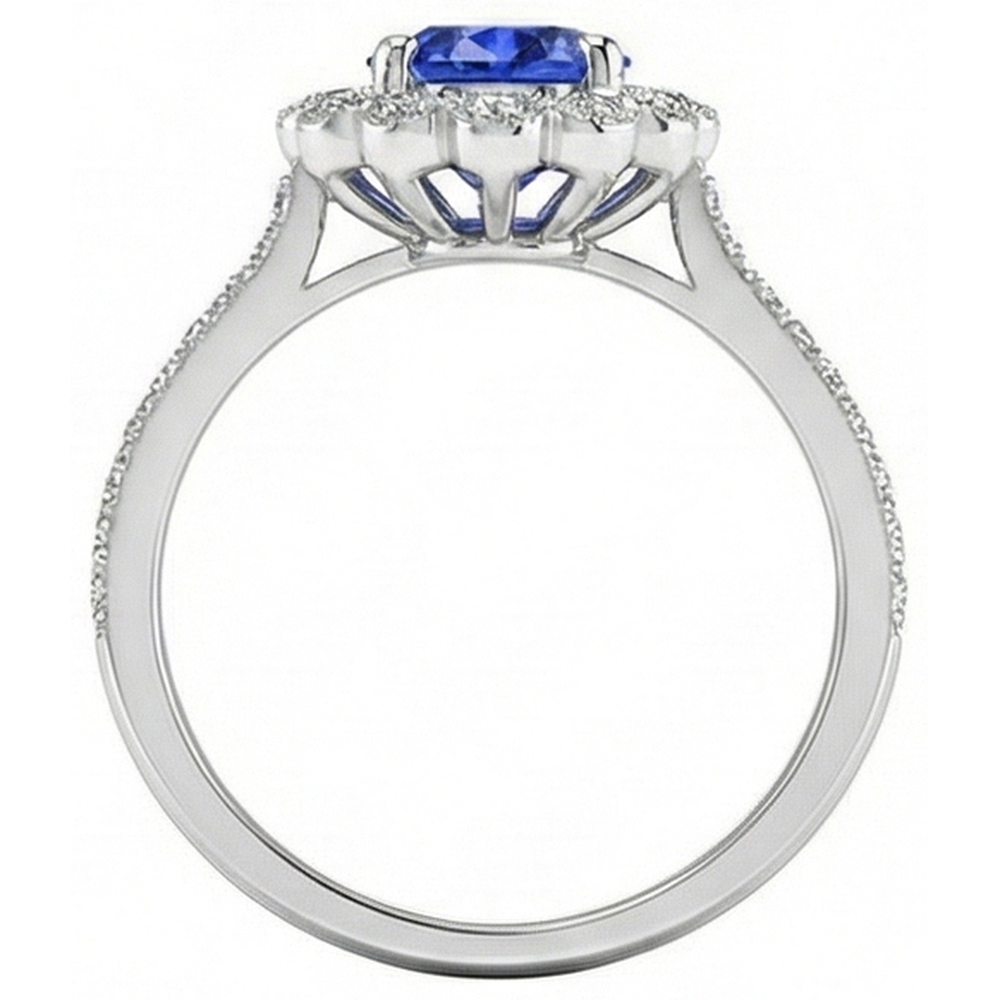 Anello da donna con zaffiro blu stile fiore Halo 3 carati impostazione cattedrale