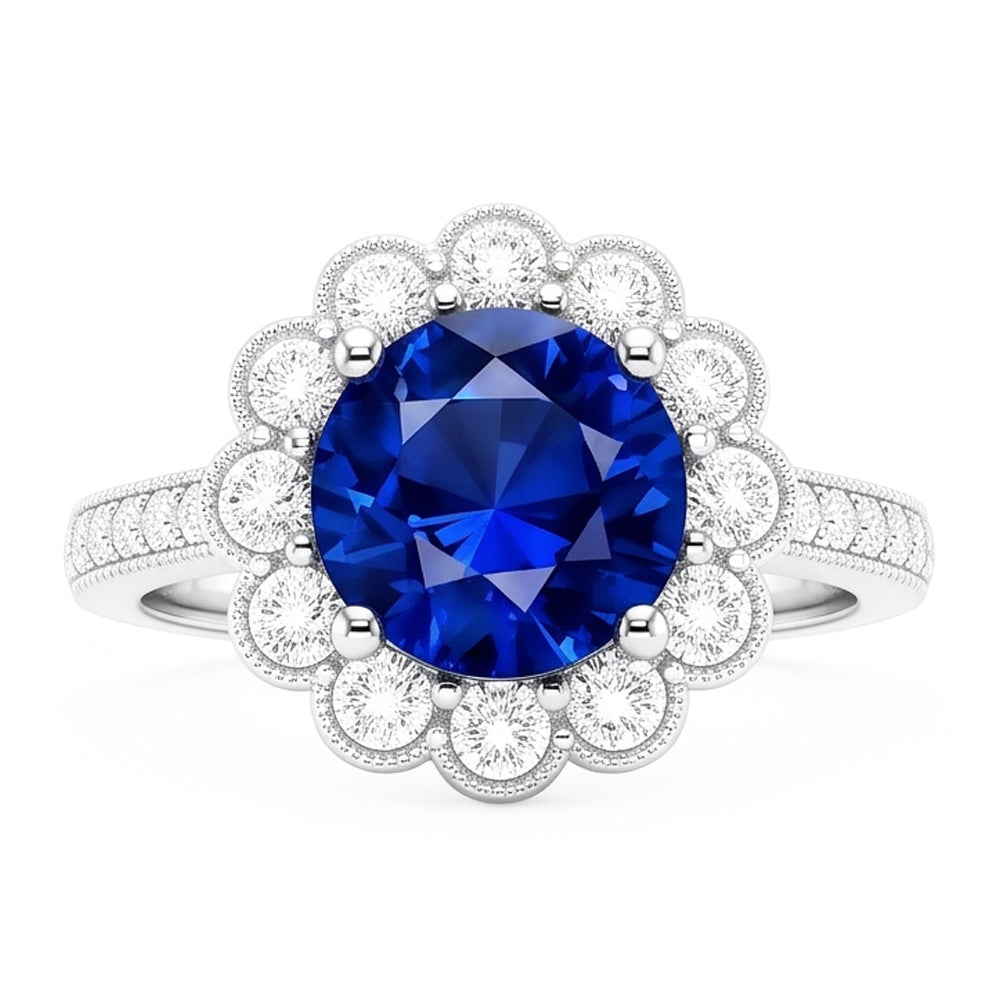 Anello da donna con zaffiro blu stile fiore Halo 3 carati impostazione cattedrale