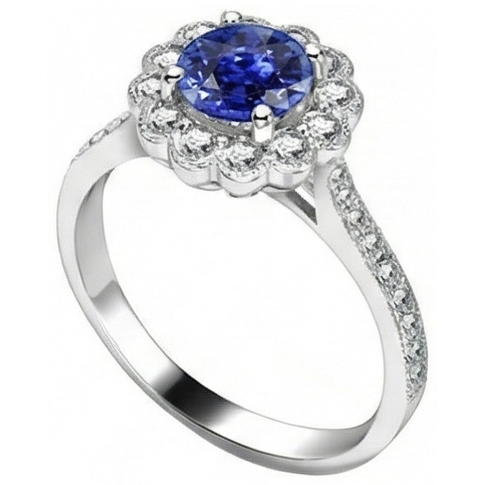 Anello da donna con zaffiro blu stile fiore Halo 3 carati impostazione cattedrale