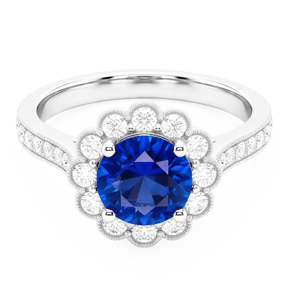 Anello da donna con zaffiro blu stile fiore Halo 3 carati impostazione cattedrale
