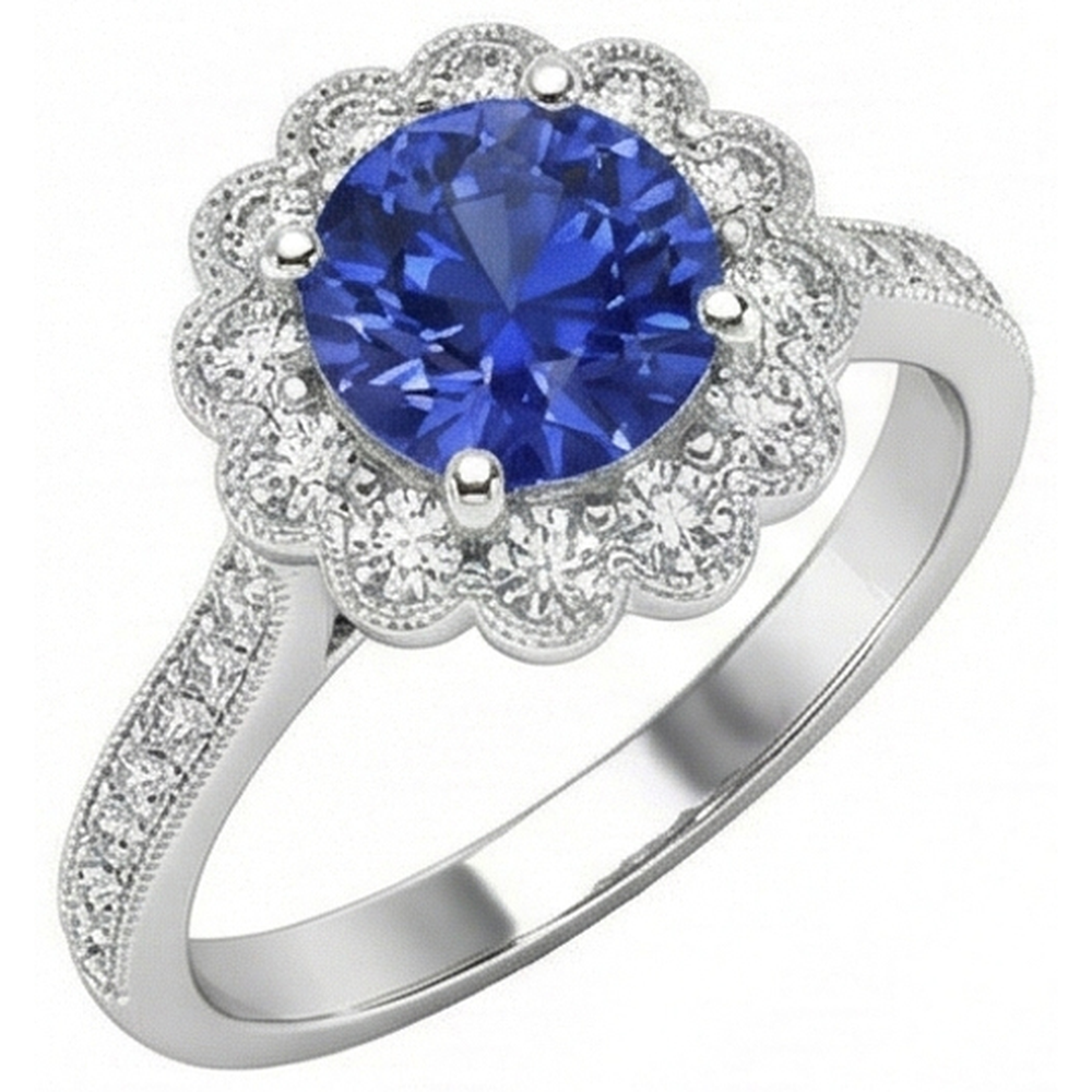 Anello da donna con zaffiro blu stile fiore Halo 3 carati impostazione cattedrale
