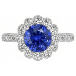 Anello da donna con zaffiro blu stile fiore Halo 3 carati impostazione cattedrale