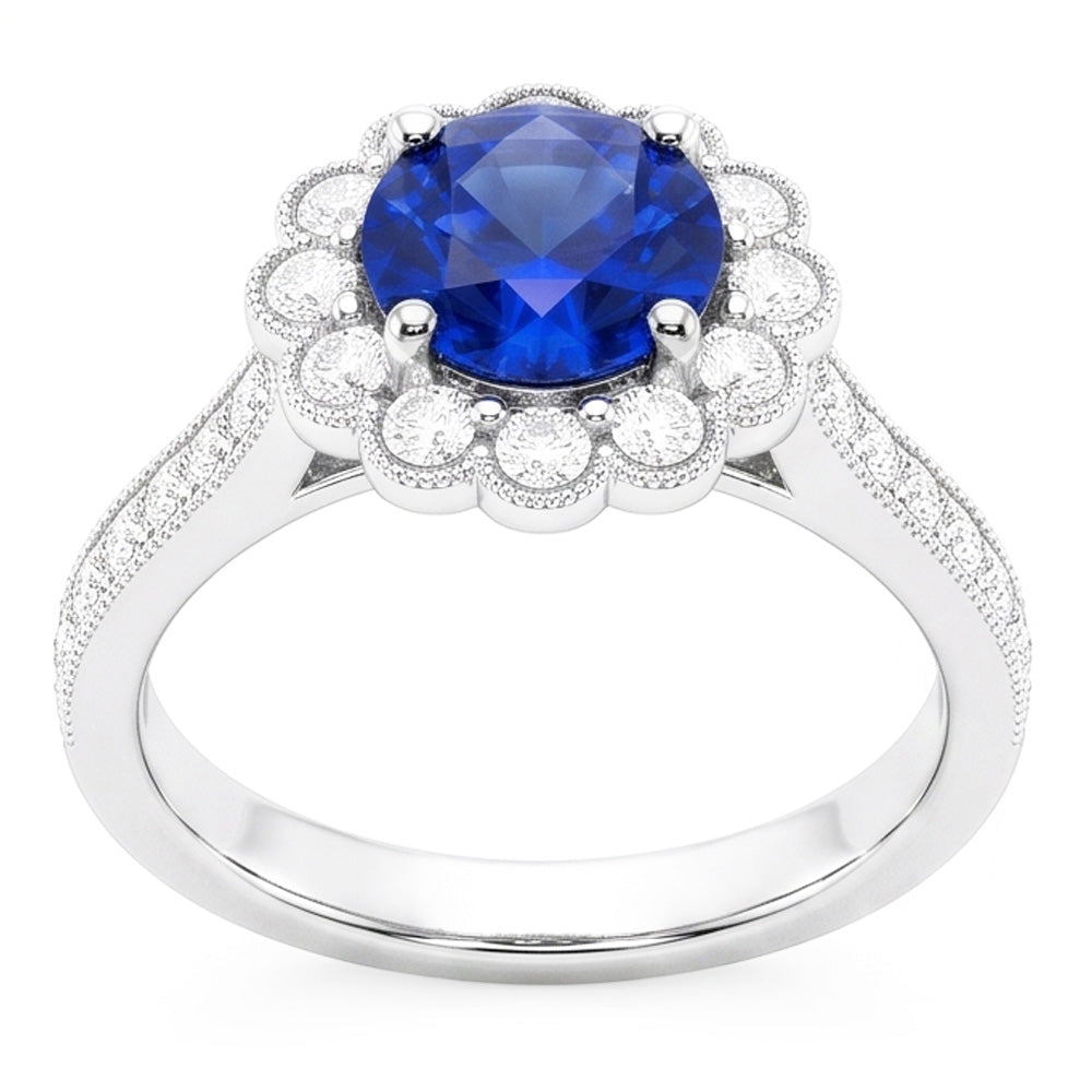 Anello da donna con zaffiro blu stile fiore Halo 3 carati impostazione cattedrale
