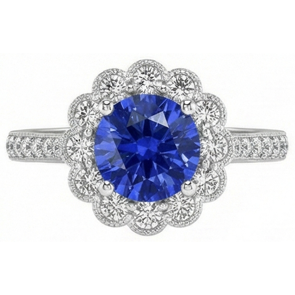 Anello da donna con zaffiro blu stile fiore Halo 3 carati impostazione cattedrale