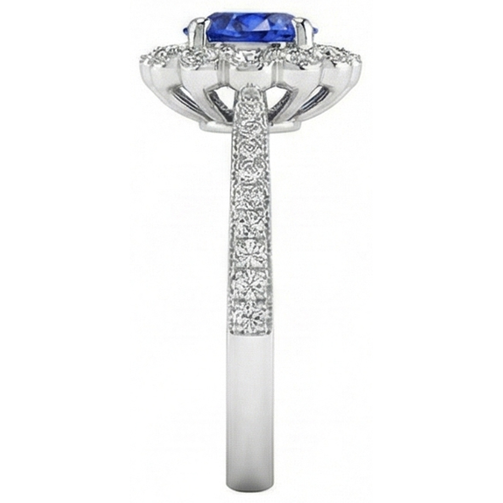 Anello da donna con zaffiro blu stile fiore Halo 3 carati impostazione cattedrale