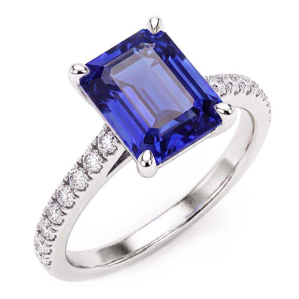 Anello da donna con zaffiro smeraldo 3 carati e pavé di diamanti in oro bianco 14k