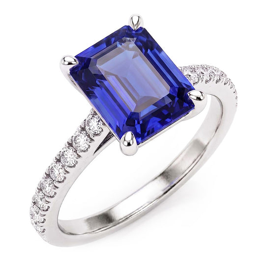 Anello da donna con zaffiro smeraldo 3 carati e pavé di diamanti in oro bianco 14k