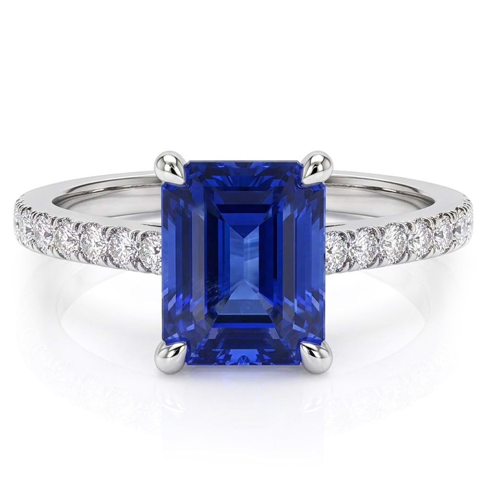 Anello da donna con zaffiro smeraldo 3 carati e pavé di diamanti in oro bianco 14k