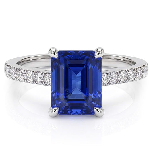 Anello da donna con zaffiro smeraldo 3 carati e pavé di diamanti in oro bianco 14k