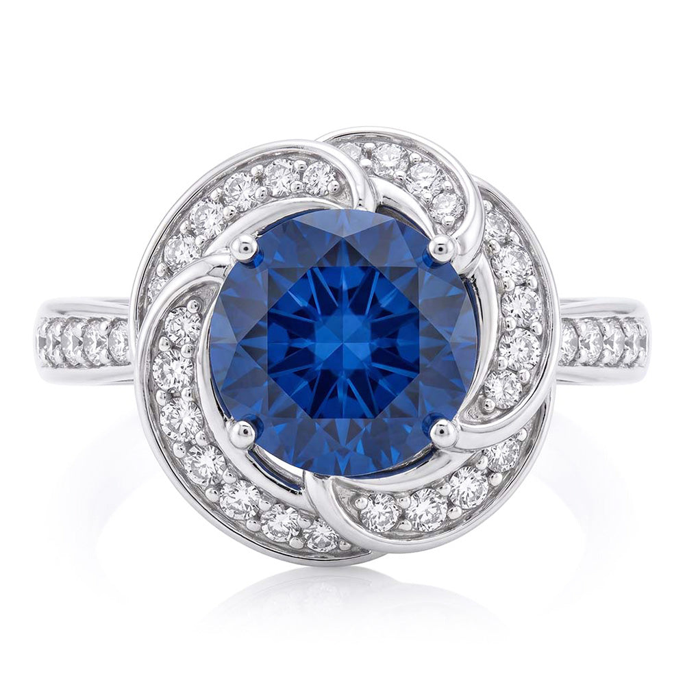 Anello da donna con zaffiro stile fiore con gioielli con diamanti Halo 3 carati in oro