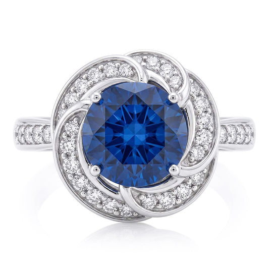 Anello da donna con zaffiro stile fiore con gioielli con diamanti Halo 3 carati in oro