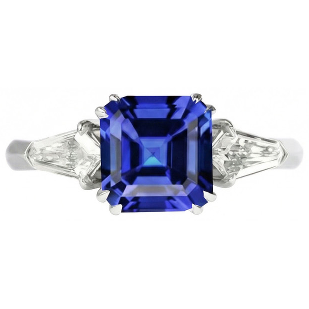 Anello da donna con zaffiro taglio Asscher 2.50 carati con diamanti baguette affusolati