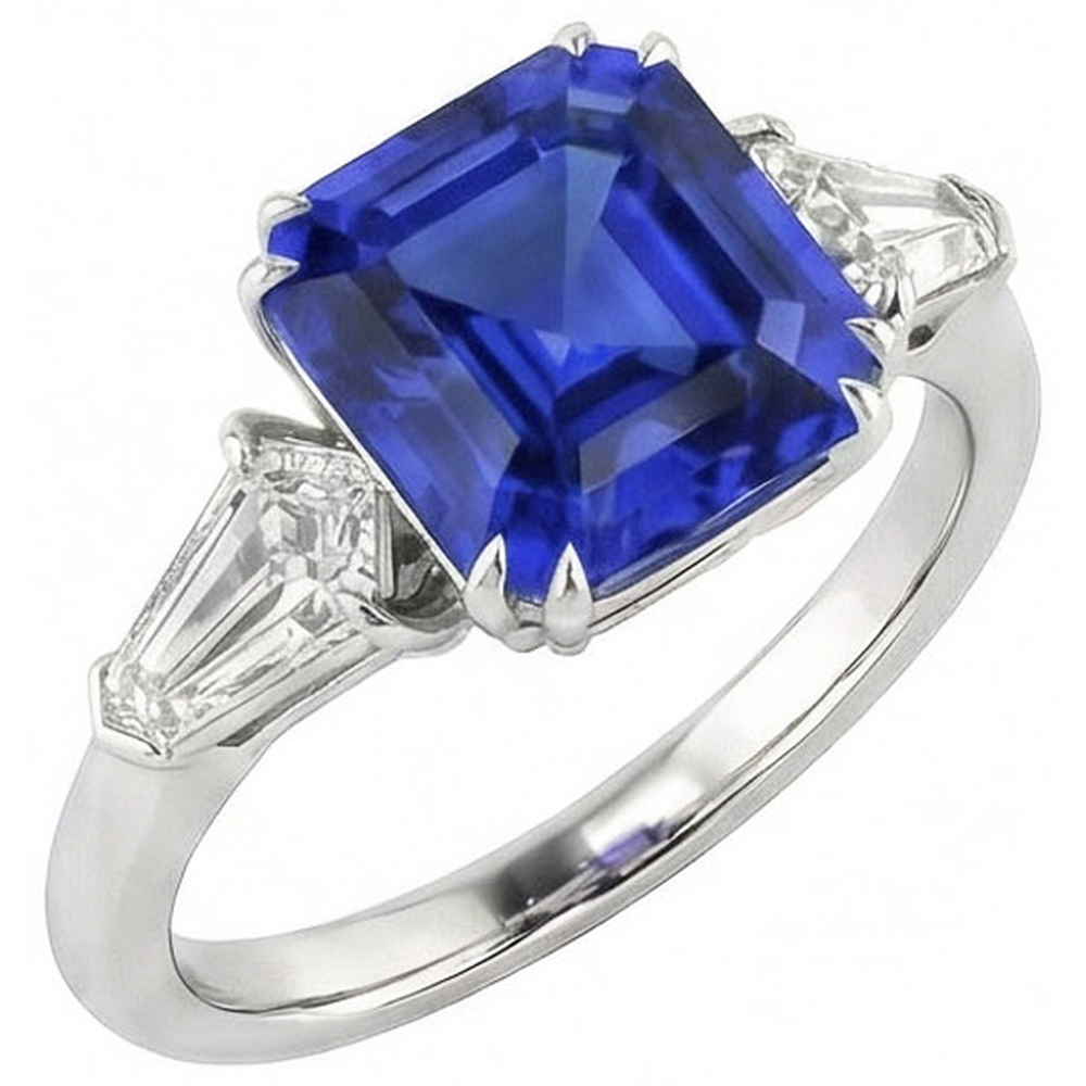 Anello da donna con zaffiro taglio Asscher 2.50 carati con diamanti baguette affusolati