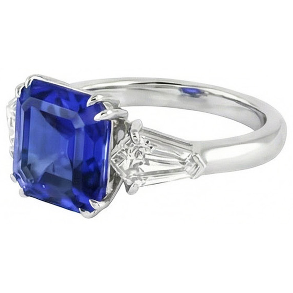 Anello da donna con zaffiro taglio Asscher 2.50 carati con diamanti baguette affusolati
