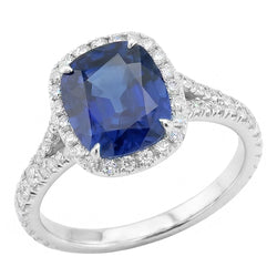 Anello da donna con zaffiro taglio cuscino Halo con pavé di diamanti 4 carati