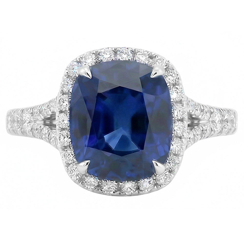 Anello da donna con zaffiro taglio cuscino Halo con pavé di diamanti 4 carati