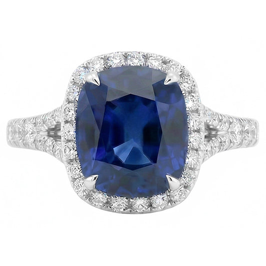 Anello da donna con zaffiro taglio cuscino Halo con pavé di diamanti 4 carati